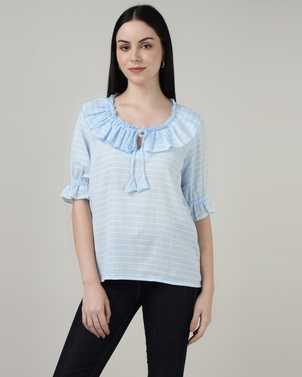 Blue Ruffle TieUp Striped Top